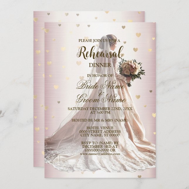 Rehearsal Dinner Rose Winter Wedding Bride Golden Invitation (Front/Back)