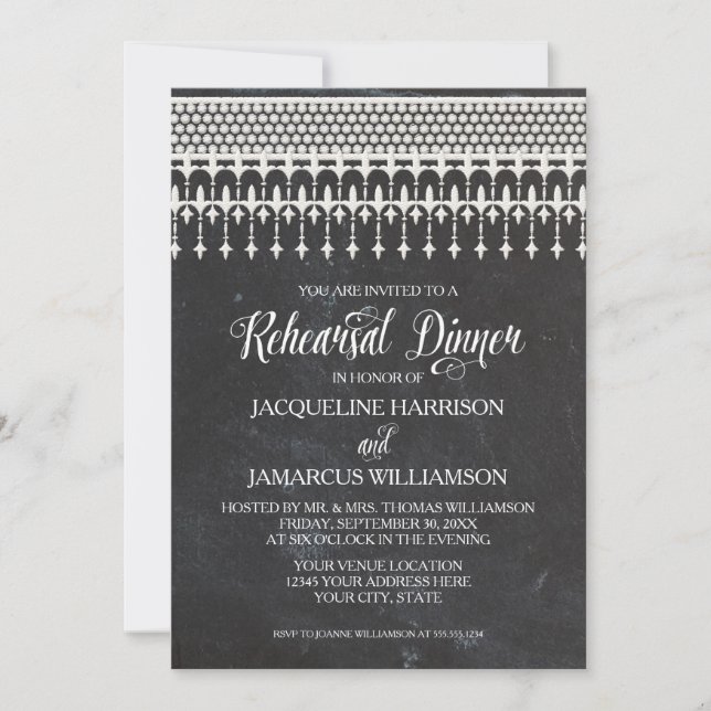 Rehearsal Dinner Rustic Chalkboard Lace Typography Invitation (Front)