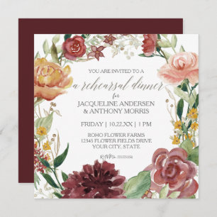 Rehearsal Dinner Rustic Floral Burgundy Blush Rose Invitation