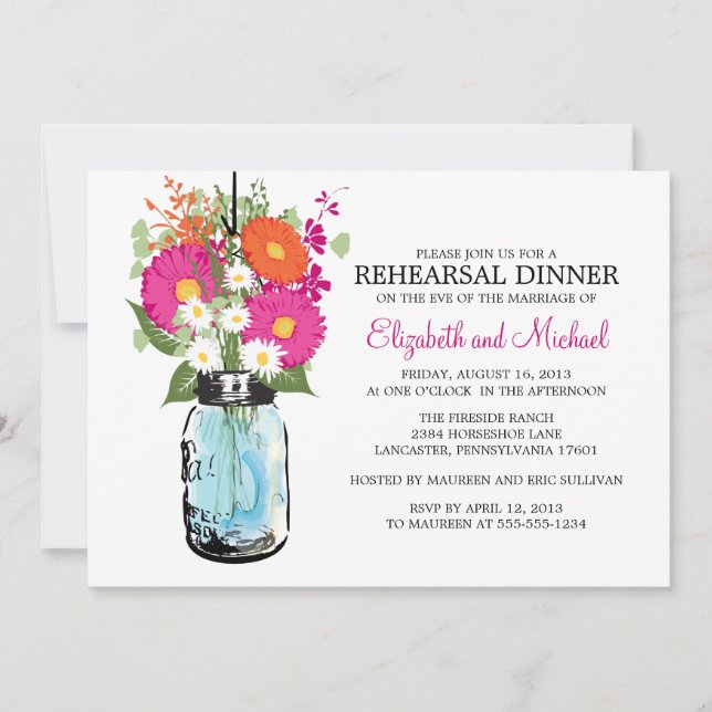 Rehearsal Dinner Rustic Mason Jar Gerber Daisies Invitation (Front)