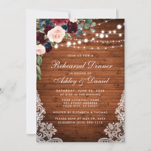 Rehearsal Dinner Rustic Wood Lights Lace Floral Invitation (Front)