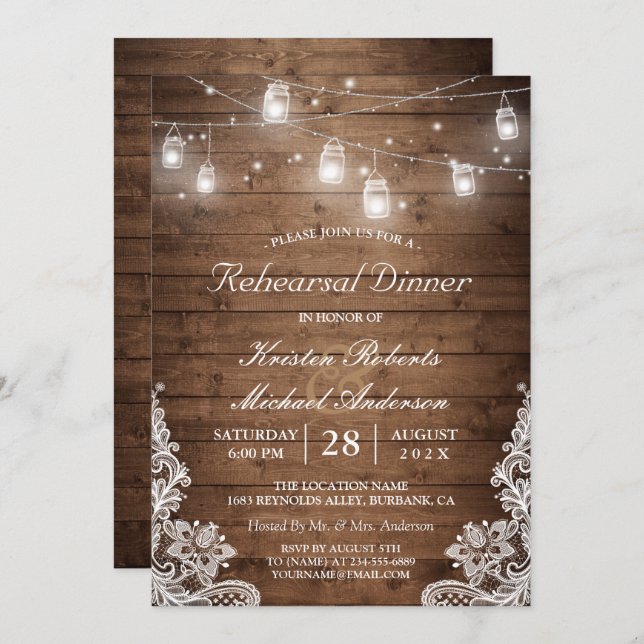 Rehearsal Dinner Rustic Wood Mason Jar Lights Lace Invitation (Front/Back)