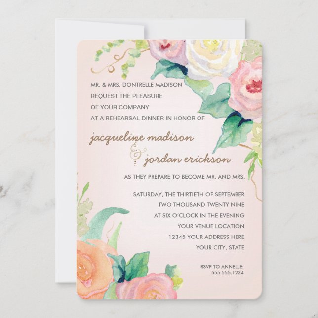 Rehearsal Dinner Simple Modern Watercolor Floral Invitation (Front)
