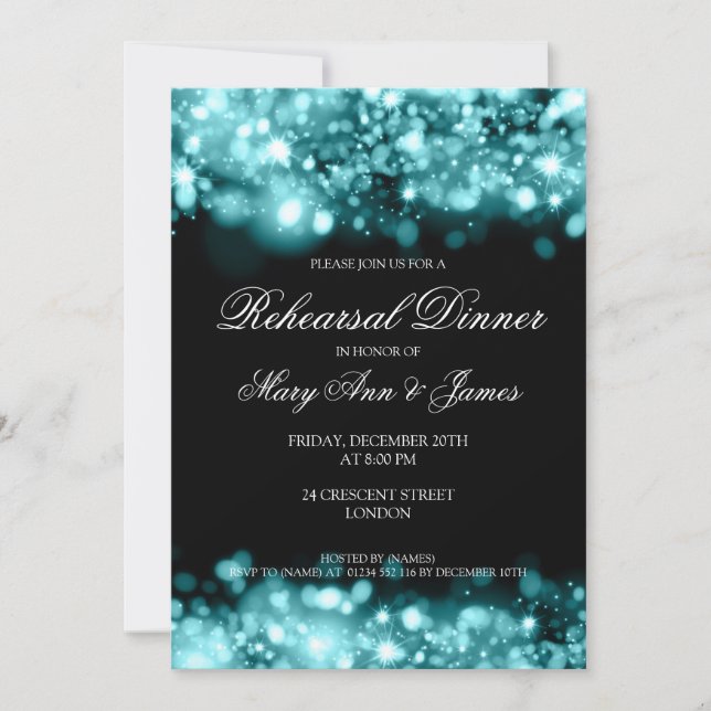 Rehearsal Dinner Sparkling Lights Teal Invitation (Front)