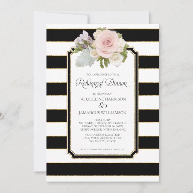 Rehearsal Dinner Striped Modern Floral faux Gold Invitation (Front)
