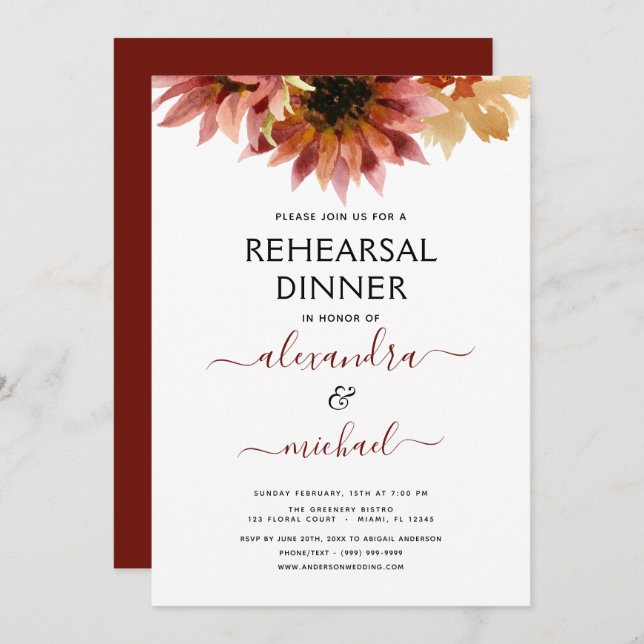 Rehearsal Dinner Sunflower Burgundy Country Invitation (Front/Back)