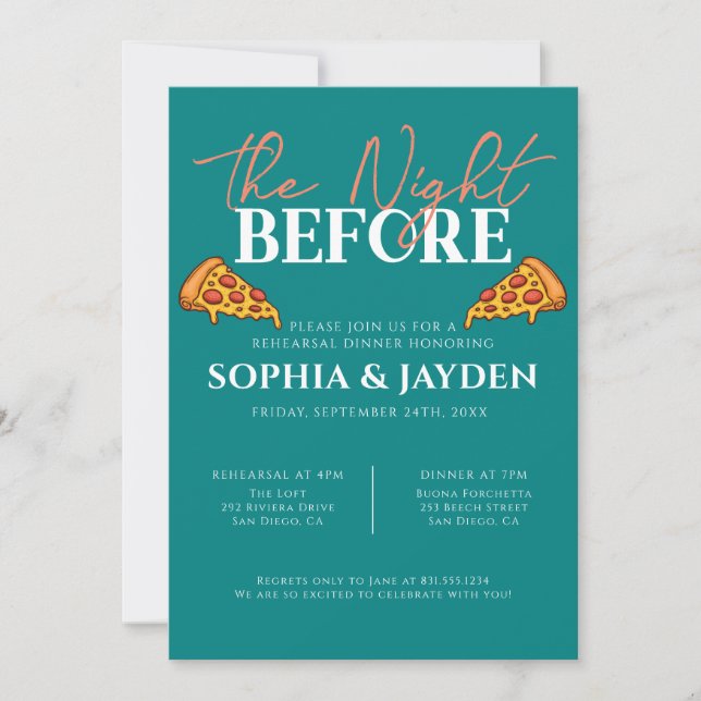 Rehearsal Dinner Teal Green Blue PIZZA Modern Invitation (Front)