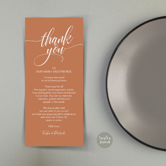 Rehearsal Dinner Thank you Place Setting Card (Rehearsal Dinner Wedding Brunch Celebration, Place Setting Thank You Card, in Copper Rust)
