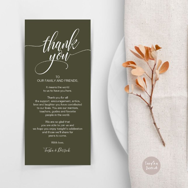 Rehearsal Dinner Thank you Place Setting Card (Rehearsal Dinner Wedding Brunch Celebration, Place Setting Thank You Card, in Olive Green)