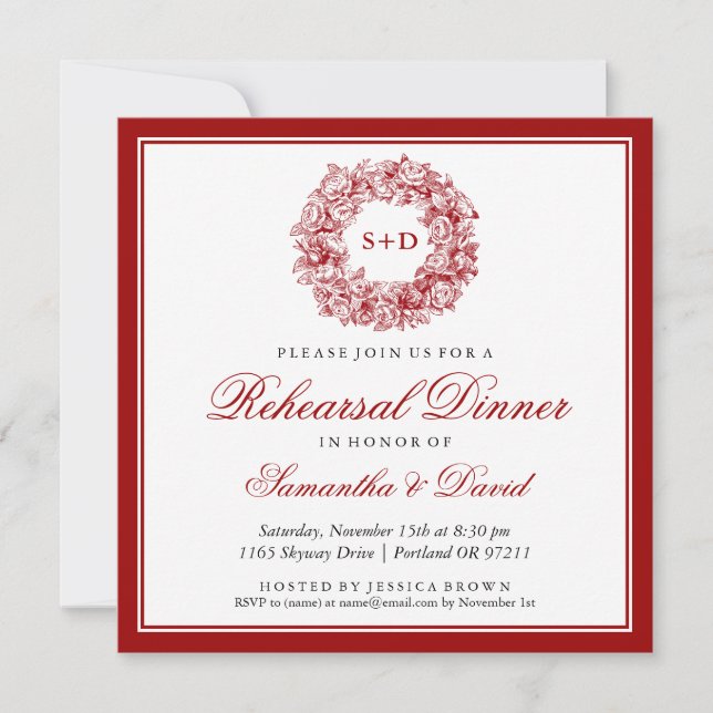 Rehearsal Dinner Vintage Floral Monogram Red Invitation (Front)