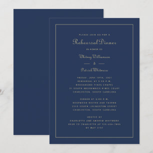 Rehearsal Dinner Wedding Elegant Navy Blue Gold Invitation