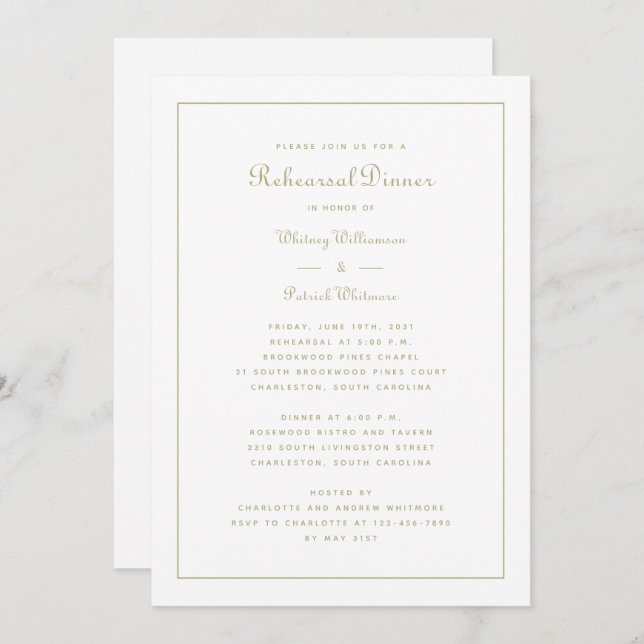 Rehearsal Dinner Wedding Elegant Script Gold White Invitation (Front/Back)