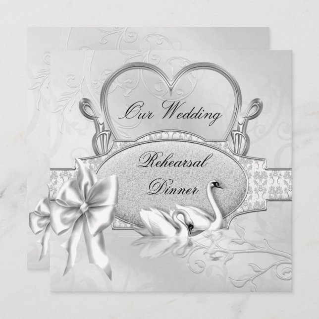 Rehearsal Dinner Wedding Silver White Swans Heart Invitation (Front/Back)