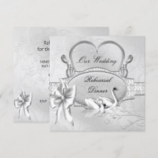 Rehearsal Dinner Wedding Silver White Swans Heart Invitation