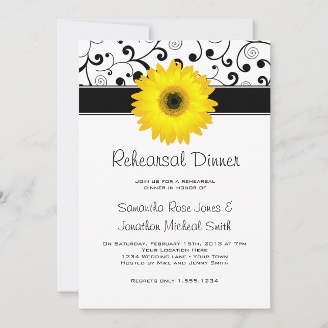 Rehearsal Dinner Yellow Gerbera Daisy Black Scroll Invitation (Front)