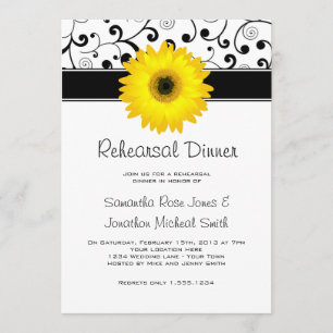 Rehearsal Dinner Yellow Gerbera Daisy Black Scroll Invitation