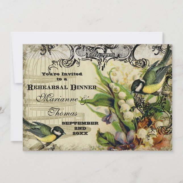 Rehearsal Dinner - Yellow Song Bird Cage Floral Invitation (Front)