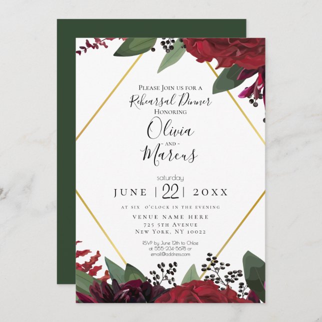 REHEARSAL  | Elegant Rich Burgundy Marsala Floral Invitation (Front/Back)