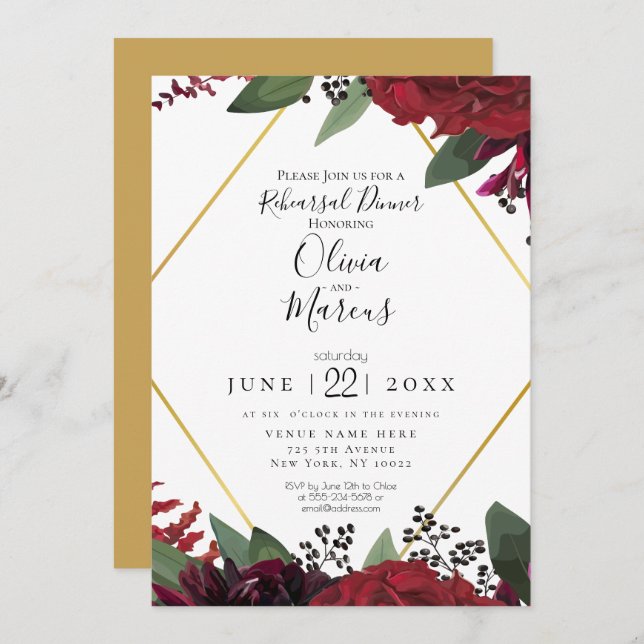 REHEARSAL  | Elegant Rich Burgundy Marsala Floral Invitation (Front/Back)