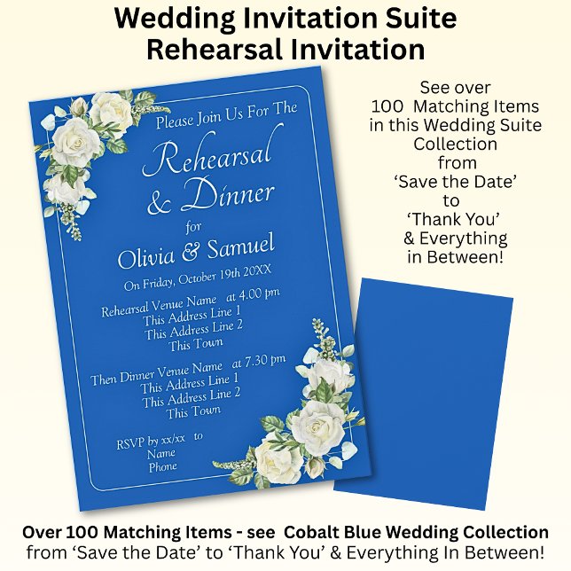 Rehearsal Invitation Card Cobalt Blue & White Rose (Creator Uploaded)