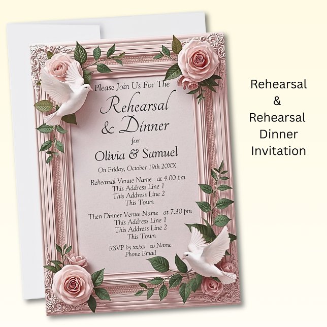 Rehearsal Invitation Card Pink Roses & Doves (Creator Uploaded)