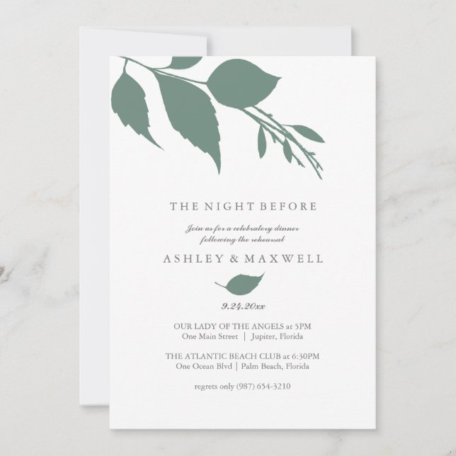 Rehearsal Invitations Simple Green Leaves (Front)