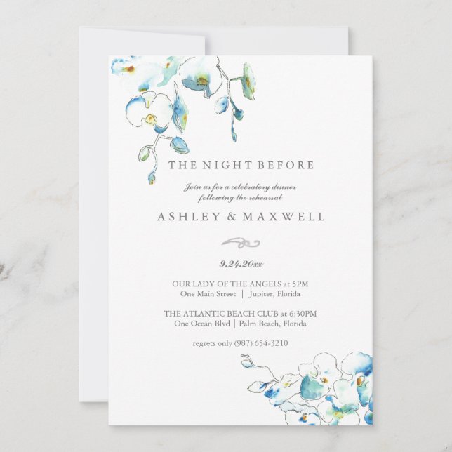 Rehearsal Invitations Watercolor Blue Flowers (Front)