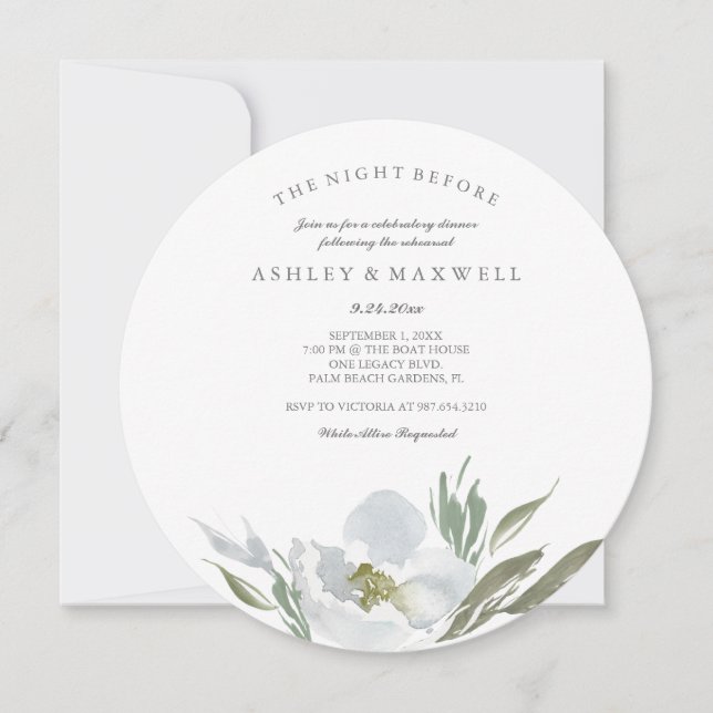 Rehearsal Invitations Watercolor Green and White (Front)