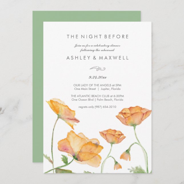 Rehearsal Invitations Watercolor Orange Flowers (Front/Back)