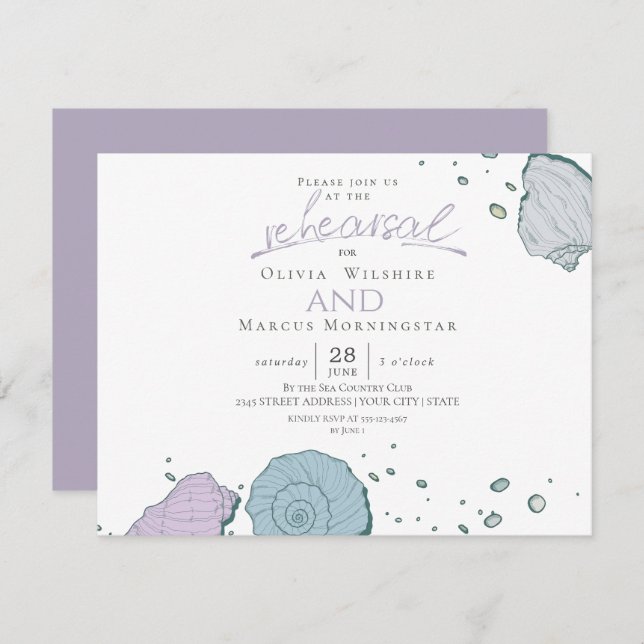 Rehearsal | Modern Seashells Dusty Blue Lilac Invitation (Front/Back)