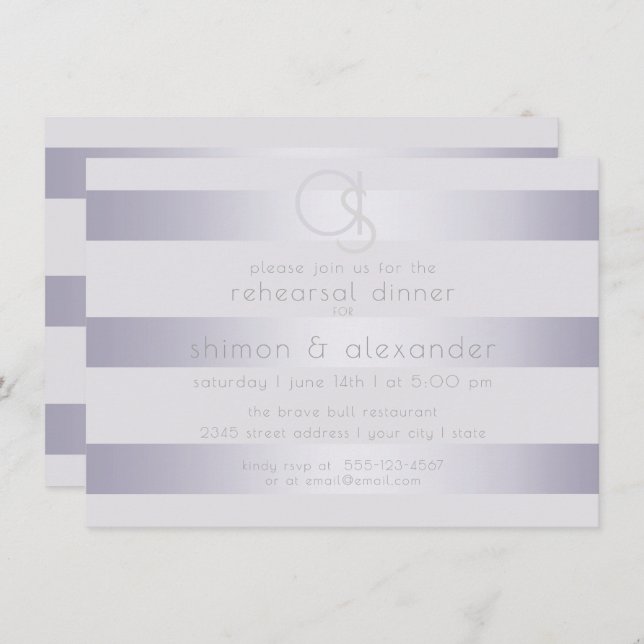 Rehearsal | Violet Silver Shimmer Stripe Monogram2 Invitation (Front/Back)