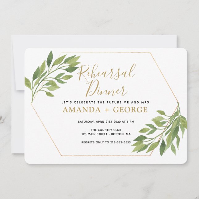 rehearsla Dinner elegant greenery and gold Invitation (Front)