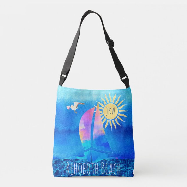Rehoboth Beach Watercolor Sailboat Sparkling Water Crossbody Bag (Back)
