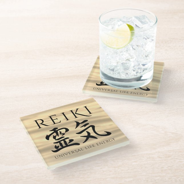 Reiki 霊気 Japanese Calligraphic Life Energy Glass Coaster (Angled)