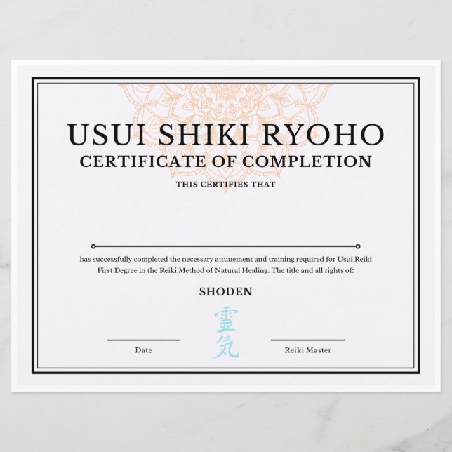 Reiki Certificate of Completion (SHODEN) (Front)