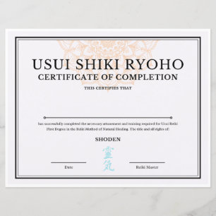 Reiki Certificate of Completion (SHODEN)