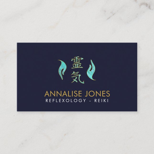Reiki Healing symbol and hands on teal glass Business Card (Front)