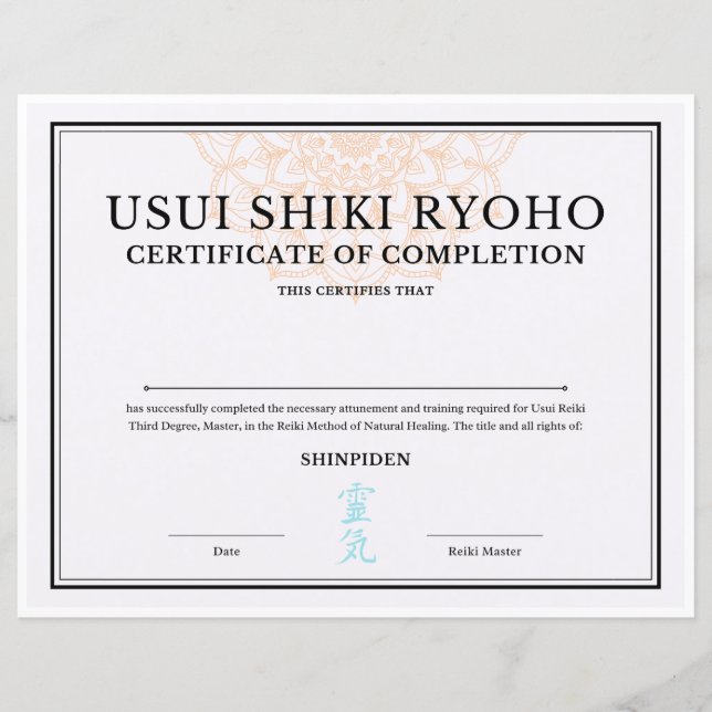 Reiki Master Certificate of Completion (SHINPIDEN) (Front)