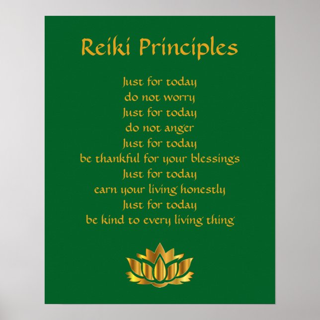 Reiki Principles Green and Gold Lotus Poster (Front)