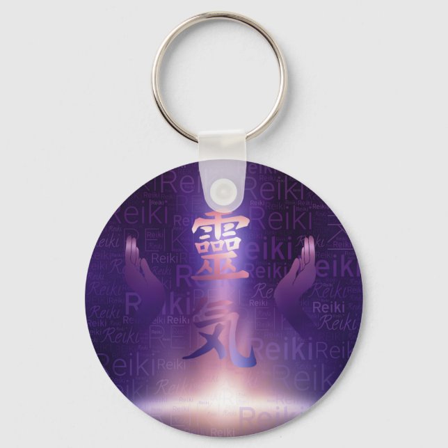 Reiki Symbols and healing hands on purple light Key Ring (Front)