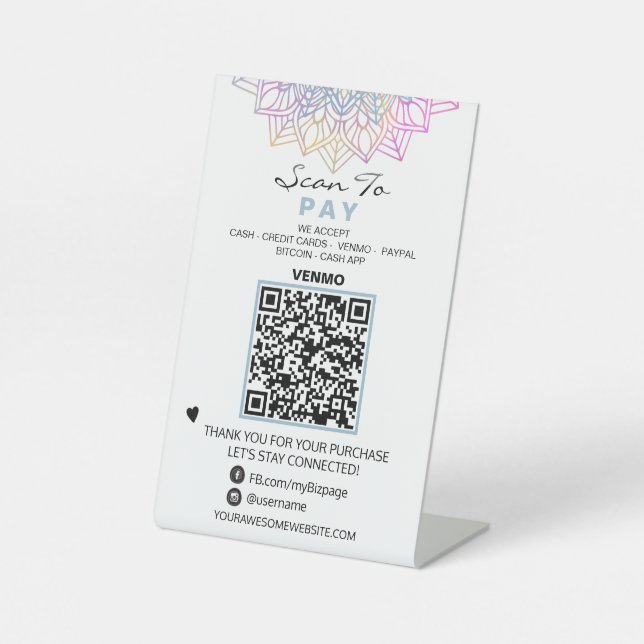 *~* Reiki  Yoga Table Tent PAY - QR code Tabletop Pedestal Sign (Front)