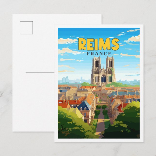 Reims France vintage travel illustration Postcard (Front/Back)