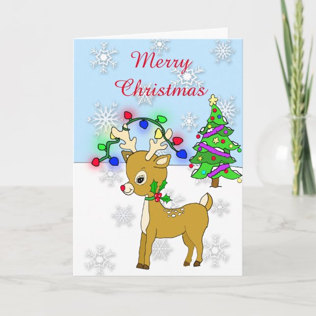 Reindeer and Christmas Lights Christmas Tree Card (Front)