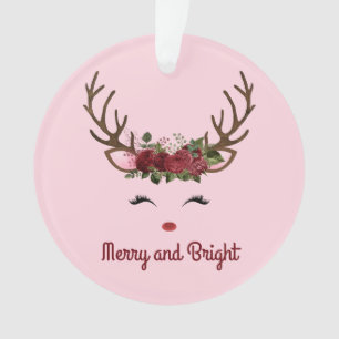 Reindeer and Flowers Merry and Bright on Pink Cera Ornament