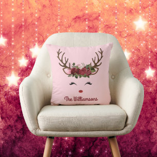 Reindeer and Flowers with Name on Pink Cushion