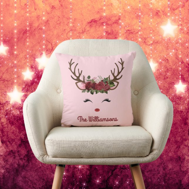 Reindeer and Flowers with Name on Pink Cushion (Creator Uploaded)