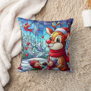 Reindeer and kids in winter joy! cushion