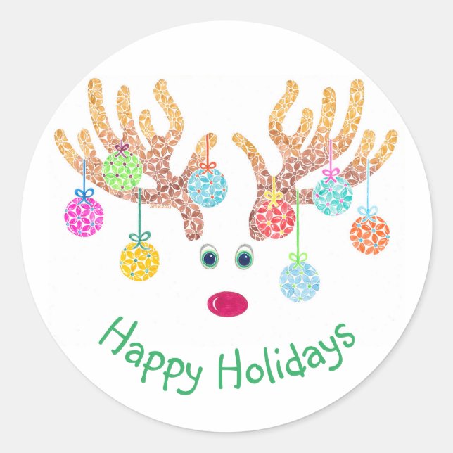 Reindeer and Ornaments Holiday Sticker (Front)