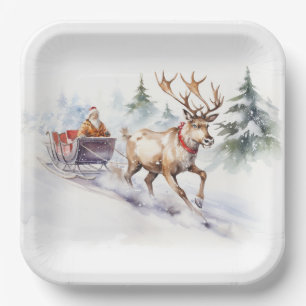 Reindeer And Santa Claus Paper Plate
