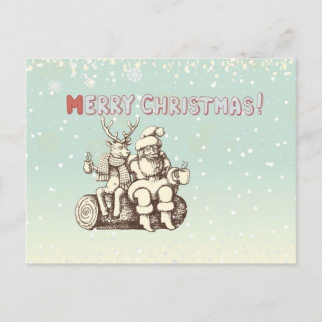 Reindeer and Santa Claus taking a coffee break Holiday Postcard (Front)